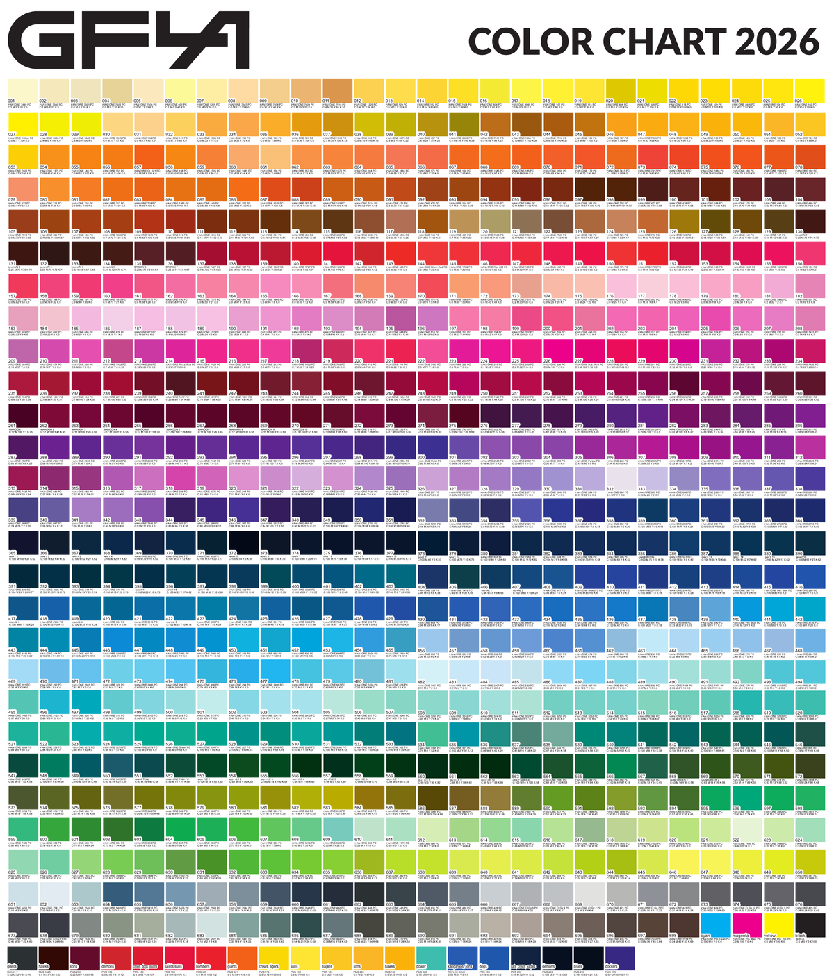 Garment Factory LA Color Chart 2026 — full Pantone/CMYK color reference sheet