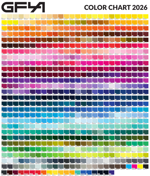Garment Factory LA Color Chart 2026 — full Pantone/CMYK color reference sheet